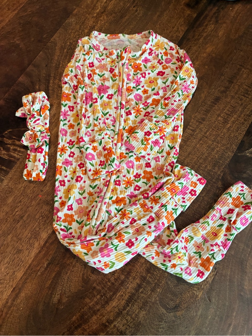 Bamboo Floral Zip Sleep Pajamas with Headband - White Pink Orange